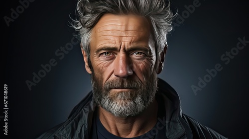 Serious middle-aged man with folded arms and a deadpan expression posing in front of background. Man portrait illustration. Generative AI © tanyastock