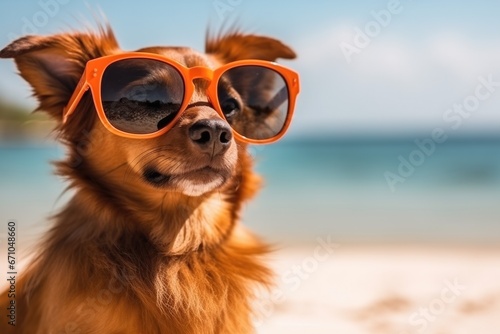 Dog At Beach In Sunglasses, Enjoying Vacation And Fashion