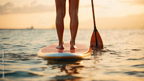 Paddle board in the sea close up of standing legs photo