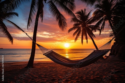 Palm trees and hammock on tropical beach vacation