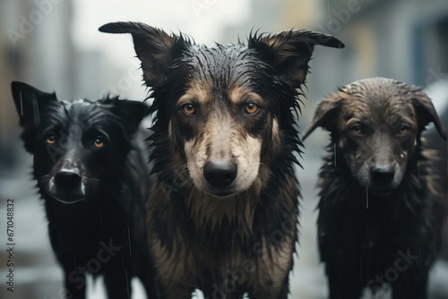 Drenched Stray Dogs Enduring The Rain. Сoncept Rainy Day Adventures, Resilient Strays, Rain-Soaked Pups, Brave Dogs In Rain, Wet But Happy Dogs © Anastasiia