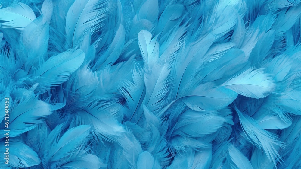  a close up view of a blue feather background with lots of feathers.  generative ai