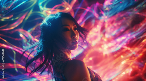 A young  beautiful asian woman dancing at the club surrounded by the colorful lights. Rave  concert  party  event photography