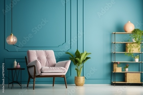 Blue living room interior with cozy luxury armchair 3d rendering. generative ai.