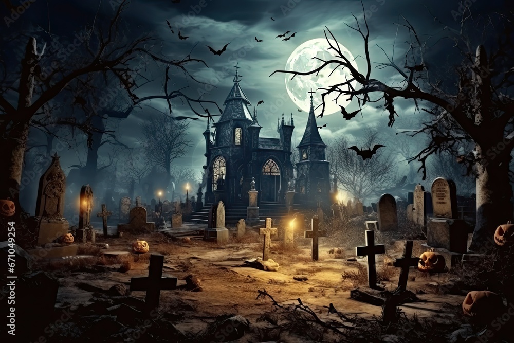 Photo halloween background with spooky graveyard