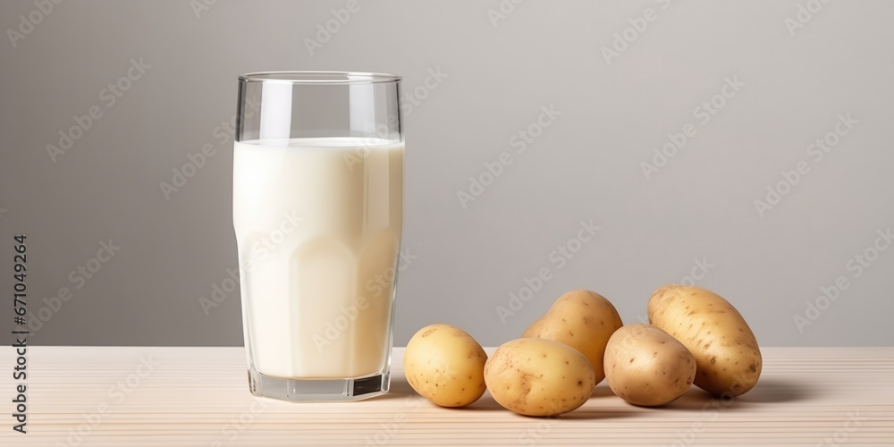 Glass Of Milk And Potatoes On Table Glass Of Milk And Potatoes On Table