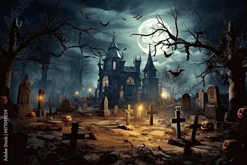 Photo halloween background with spooky graveyard © Tymofii
