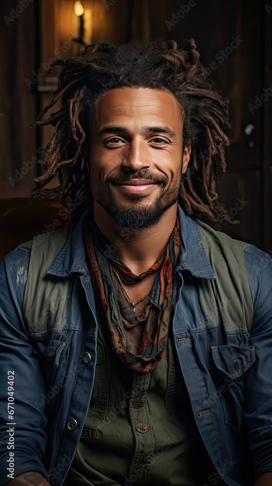 Smiling young african american man with dreadlocks in denim jacket and hat sitting on chair with folded arms and looking at camera on background. Man portrait illustration. Generative AI Smiling young african american man with dreadlocks in denim jacket and hat sitting on chair with folded arms and looking at camera on background. Man portrait illustration. Generative AI