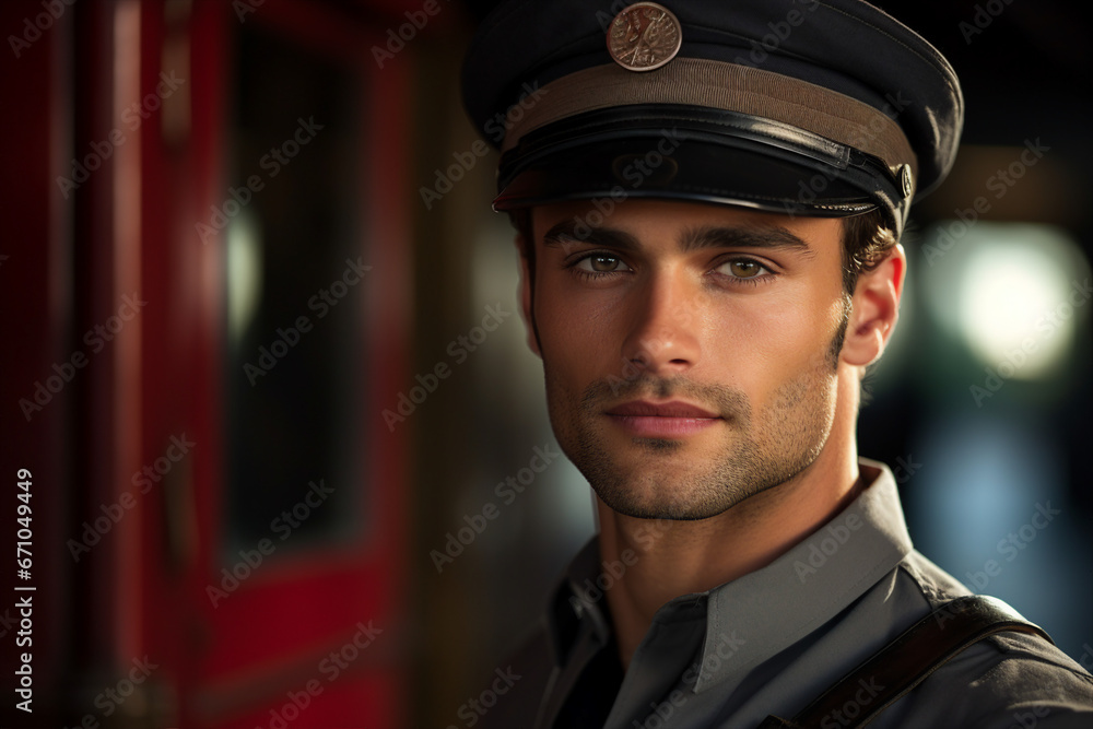 Generative AI picture portrait of mail person mailman mailwoman in corporate uniform Generative AI picture portrait of mail person mailman mailwoman in corporate uniform