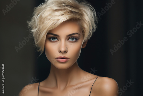 Generative AI picture of beautiful blonde woman fashion model after salon hairdresser procedure