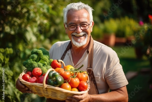 Senior person holding a basket of vegetables smiling