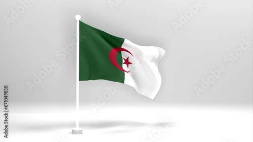 An Algeria flag flutters against a black background from a stream of vert. Beautiful Algeria flag on a white flagpole.