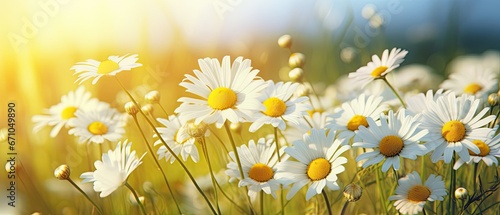 Sunlit field of daisies closeup, chamomile flowers