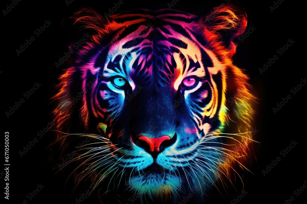 Tiger in abstract graphic highlighters lines rainbow