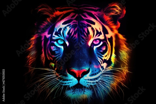 Tiger in abstract graphic highlighters lines rainbow
