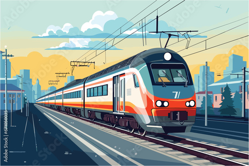 Train on the railway, Train rides arrives at the station, Vector illustration photo