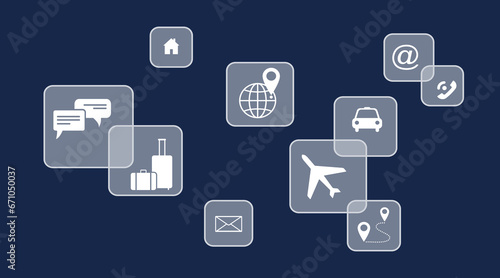 Transparent square buttons on the screen and icons  business  management and transportation