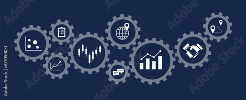 Connected gear cogs with  financial charts and graph. Business  management concept