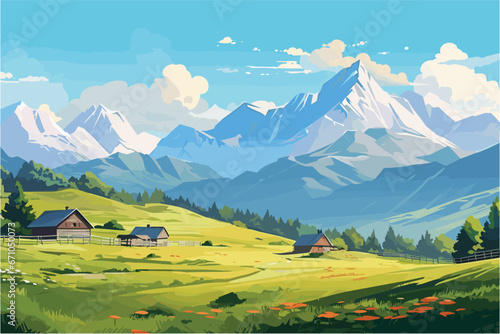 Beautiful blue mountains landscape with a forest, Mountain lake landscape, Vector illustration