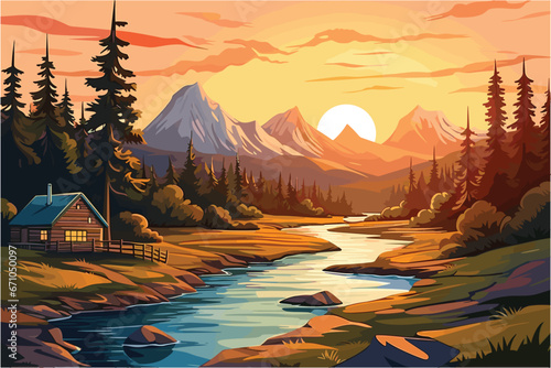 Beautiful landscape of mountains forests, flat design vector illustration