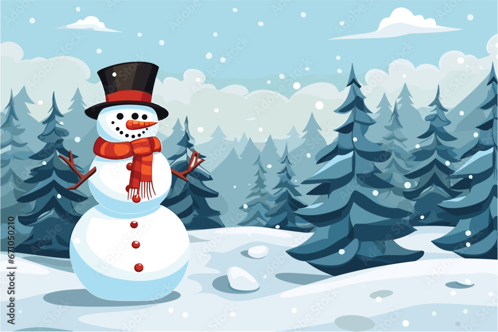 Snowman against the backdrop of forest and mountains in snowy weather , Christmas design, Beautiful winter landscape, Vector illustration Snowman against the backdrop of forest and mountains in snowy weather , Christmas design, Beautiful winter landscape, Vector illustration