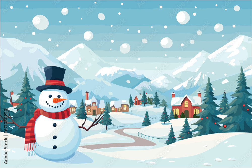 Snowman against the backdrop of forest and mountains in snowy weather , Christmas design, Beautiful winter landscape, Vector illustration