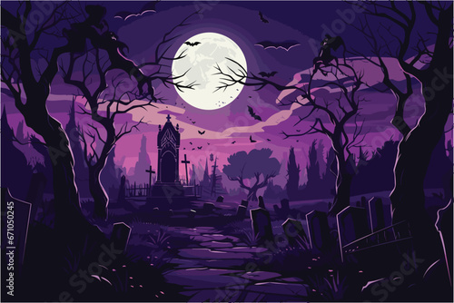 Slika na platnu Purple Halloween cemetery, Purple Cemetery Halloween background, Vector illustra
