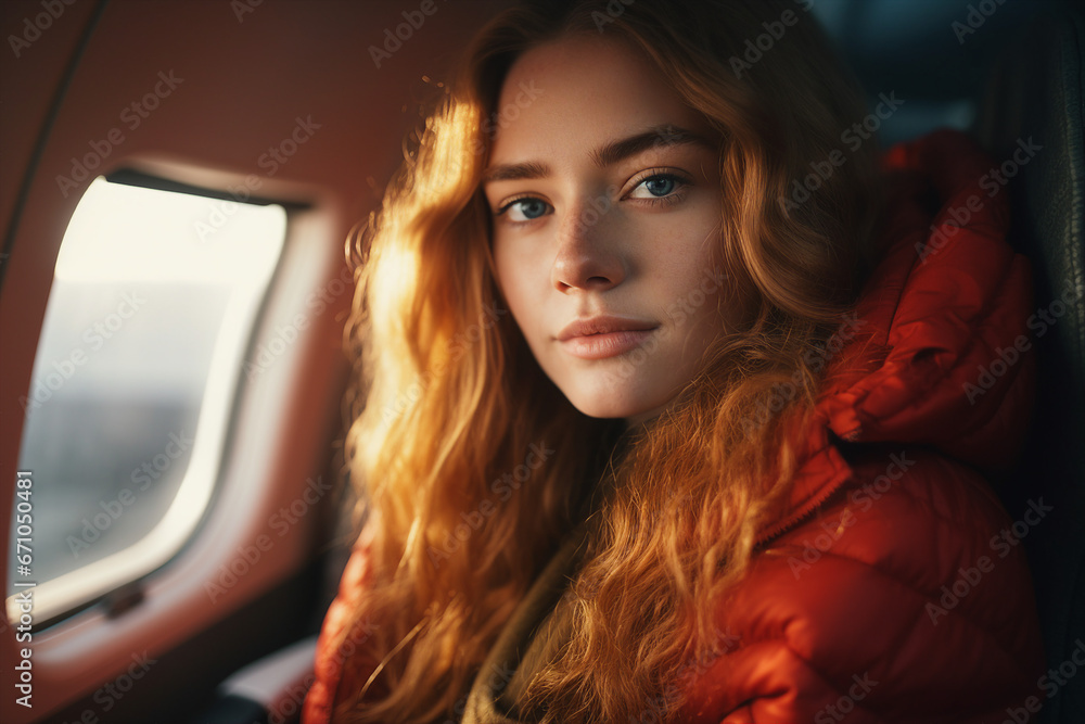 Generative AI picture portrait of traveler person inside modern airplane plane while flight looking illuminator