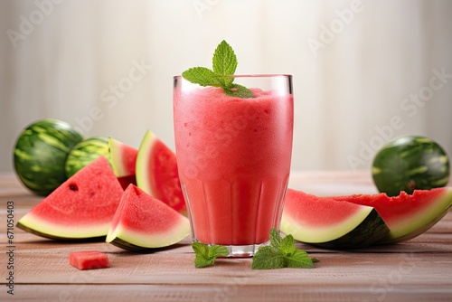 Watermelon smoothie juice with fresh mint leaves