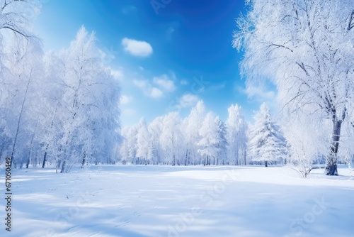Winter christmas idyllic landscape, white trees
