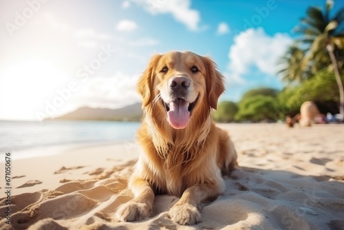 Golden Retriever Dog Enjoys Summer Vacation At Hawaiian Beach © Anastasiia