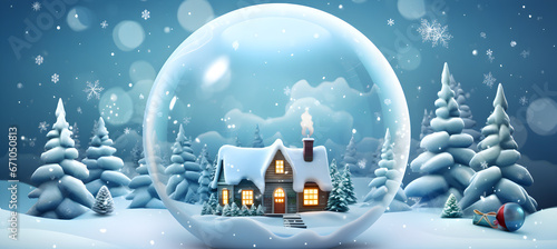Happy New Year and Merry Christmas banner with pine and house in ball