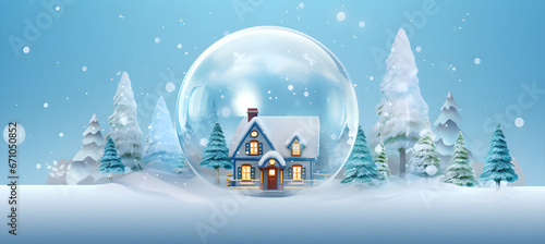Happy New Year and Merry Christmas banner with pine and house in ball