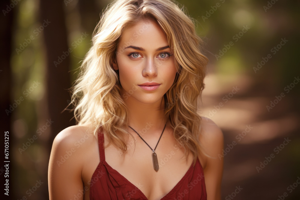 A blonde woman model wearing a brown sundress in the garden A blonde woman model wearing a brown sundress in the garden
