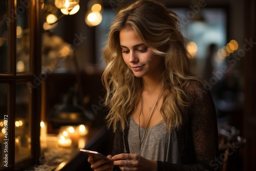 Beautiful teenage girl with smartphone in a decorated living room lit by dim lanterns and candles. Cute girl with dreamy smile looking at phone  reading or texting message. Waiting for a romantic eve.