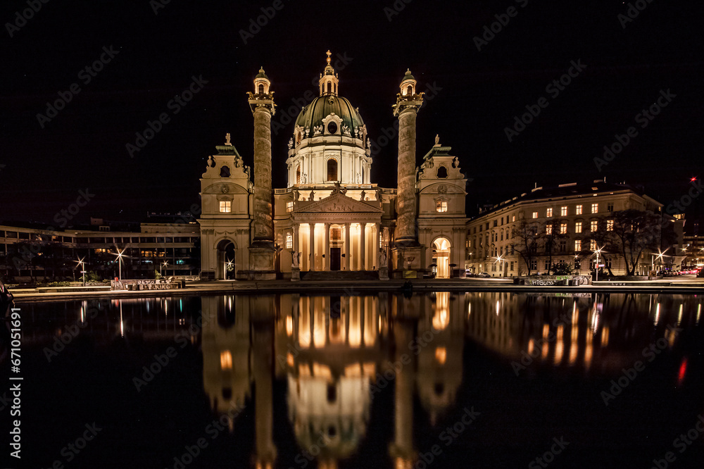 St. Charles's Church in Vienna, Austria at night