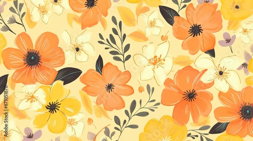  an orange and yellow flower pattern on a light yellow background.  generative ai