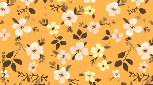  a yellow background with white and brown flowers and leaves on it.  generative ai