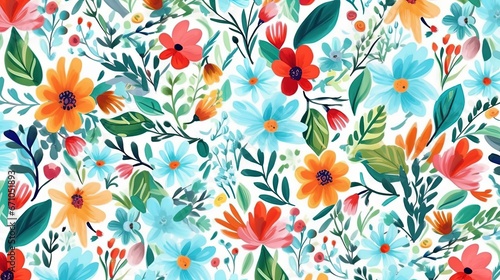  a colorful floral pattern with many different flowers on a white background.  generative ai