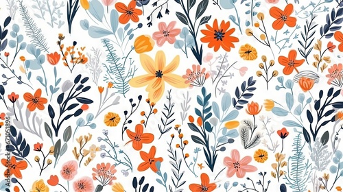  a floral pattern with orange and blue flowers on a white background. generative ai