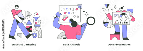 Business concepts of data analysis include scenes of statistics gathering, organizing, analyzing and interpreting data, and communicating analyzed date in clear way photo