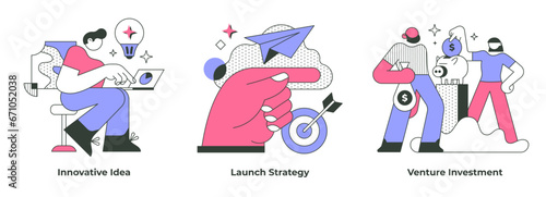 Business concepts of startup company include finding an innovative idea, launching a new strategy, and raising funds through venture investments