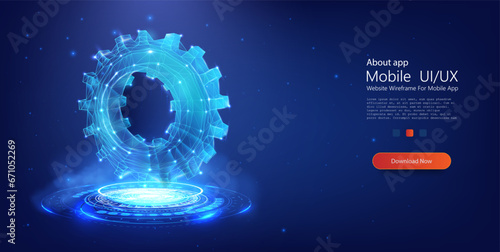 Futuristic Digital Gear: 3D Polygonal Cogwheel Floating over a Glowing Cybernetic Platform on a Starry Background