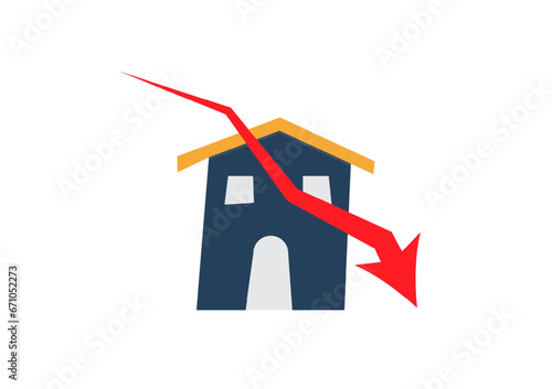 Real estate crisis concept. Small home with drop-down arrow red graph on white background. Decline business and property prices.