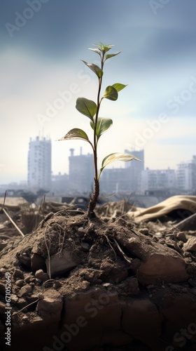 A new hope concept. New plants grow in the middle of a destroyed city. 
