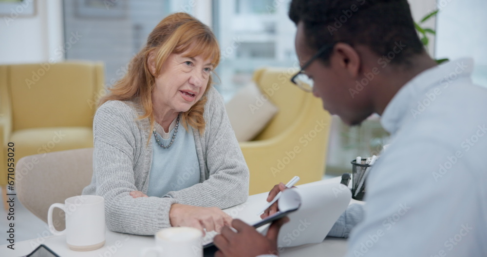 Talking, results and woman with black man or doctor for healthcare, insurance or checklist. Wellness, consulting and a senior patient speaking to an African clinic worker with a document for surgery Talking, results and woman with black man or doctor for healthcare, insurance or checklist. Wellness, consulting and a senior patient speaking to an African clinic worker with a document for surgery