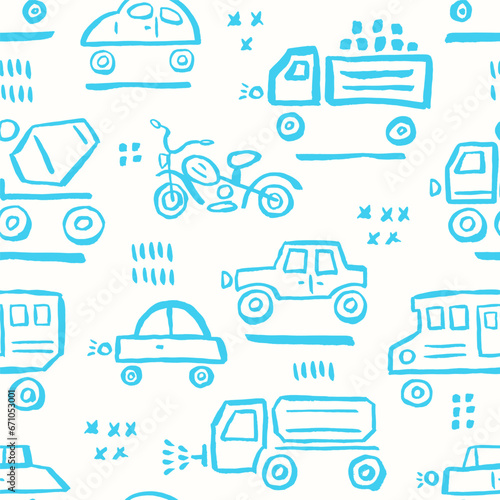 Cars seamless pattern. Child vector illustration of road traffic. Decor for kid fabric and paper.