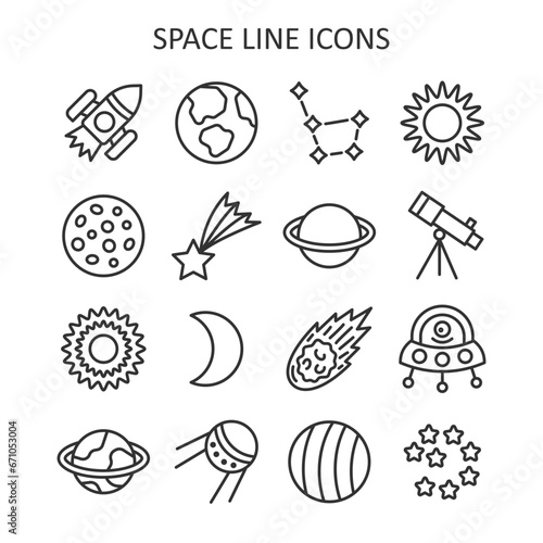 Space line icon set. Collection with rocket, planets, sun, moon, comet, telescope, alien, constellation, star.  Vector illustration.