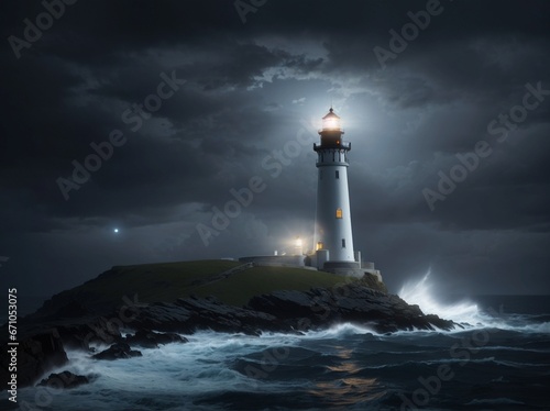 A majestic lighthouse stands tall against the dark night sky, its beacon guiding ships through the rough waves of the sea