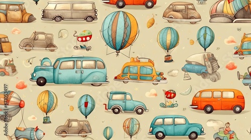  a group of cars and hot air balloons on a beige background.  generative ai